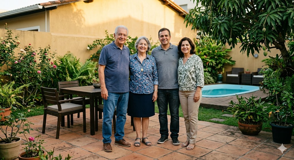 família reunida no quintal de casa