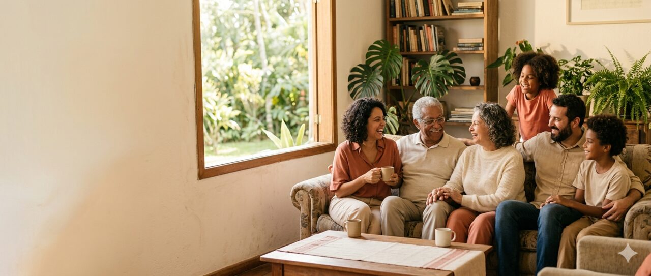 família reunida na sala de casa