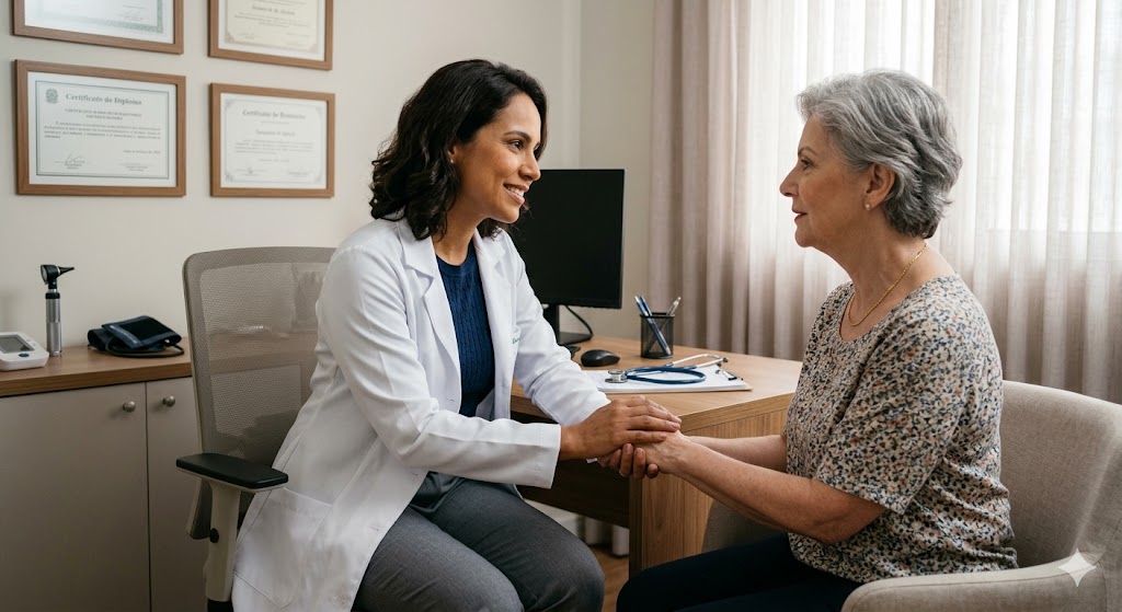 médica em consulta presencial com paciente